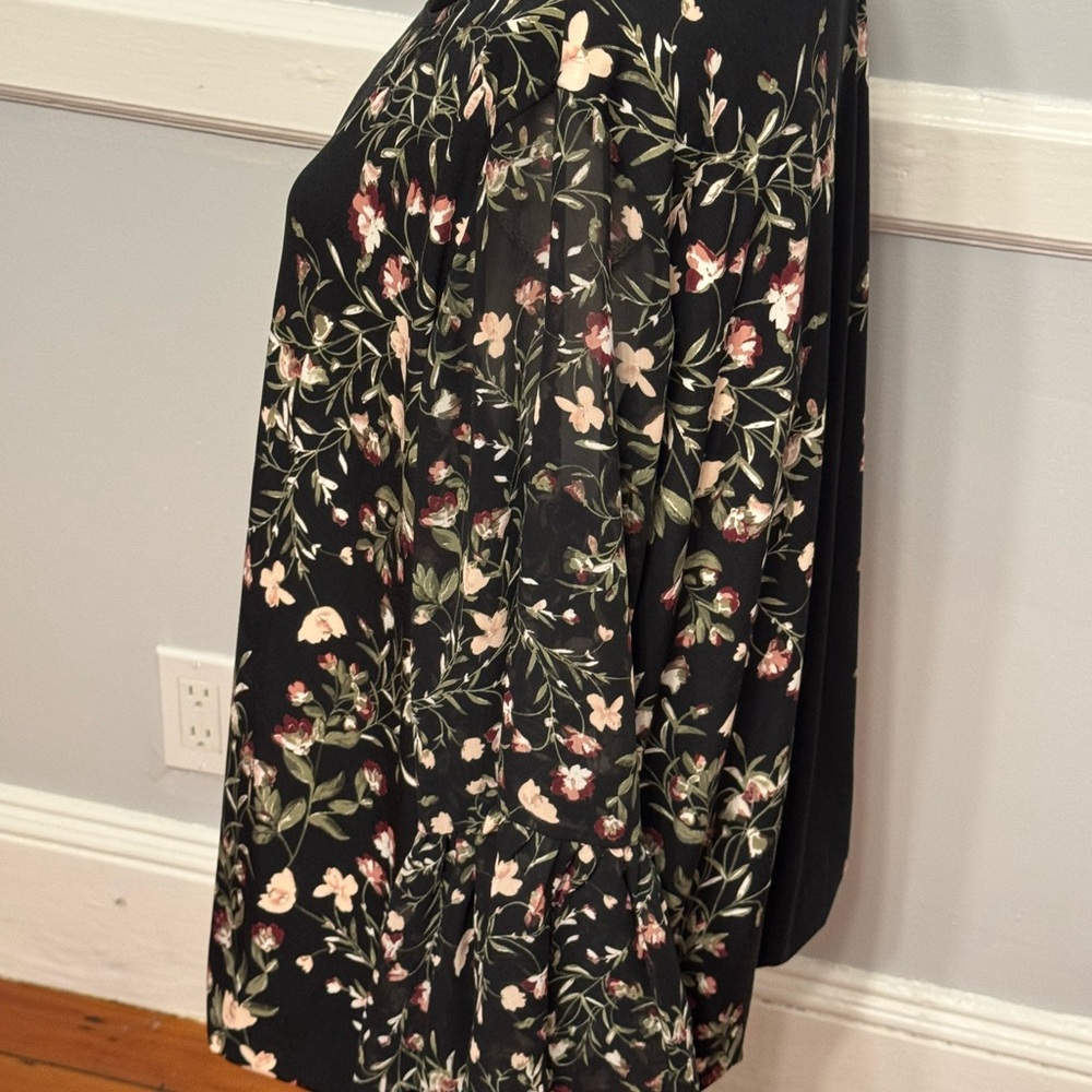 Alfani Black Floral Pink Flowy Feminine Long Bohemian Long Sleeve Blouse - Picture 4 of 7